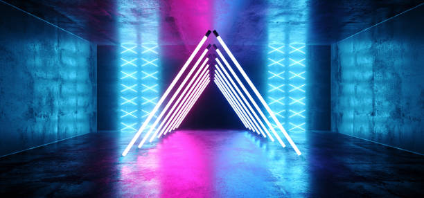 istock Sci Fi Futuristic Triangle Neon Led Laser Glowing Modern Elegant Empty Dark Vibrant Purple Blue Glowing Stage Podium Lights On Reflective Grunge Concrete Tunnel Corridor Club Room 3D Rendering 1142461388