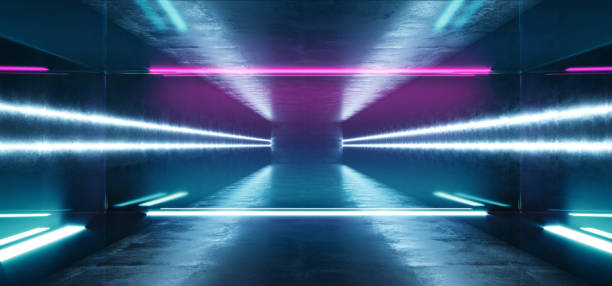 istock Sci Fi Futuristic Alien Retro Virtual Reality Neon Glowing Fluorescent Purple Blue Vibrant Line Lights In Refelctive Grunge Concrete Glossy Room Stage Hall Psychedelic  3D Rendering 1142463802