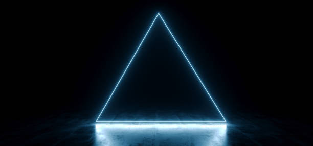istock Elegant Triangle Shaped Neon Fluorescent Retro Laser Led Show Stage Vibrant Blue Glowing Lights In Underground Hall Grunge Concrete Glossy Cement Garage Tunnel 3D Rendering 1142463850
