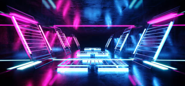istock Construction Hall Grunge Glossy Concrete Futuristic Sci-FI Empty Dark Reflective Modern Stage Room With Blue And Purple Glowing Neon Lights Background Virtual Path Background 3D Rendering 1142463910