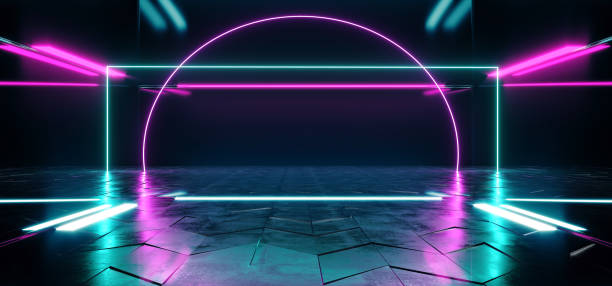 istock Construction Hall Grunge Glossy Concrete Futuristic Sci-FI Empty Dark Reflective Modern Stage Room With Blue And Purple Glowing Neon Lights Background Virtual Path Background 3D Rendering 1142463917