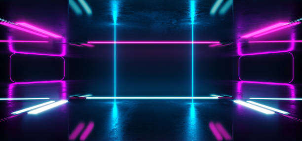 istock Construction Hall Grunge Glossy Concrete Futuristic Sci-FI Empty Dark Reflective Modern Stage Room With Blue And Purple Glowing Neon Lights Background Virtual Path Background 3D Rendering 1142463925