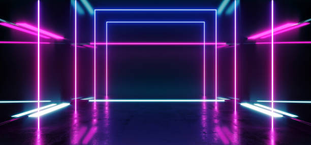istock Construction Hall Grunge Glossy Concrete Futuristic Sci-FI Empty Dark Reflective Modern Stage Room With Blue And Purple Glowing Neon Lights Background Virtual Path Background 3D Rendering 1142463930