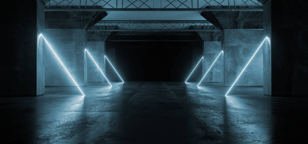 istock Virtual Vibrant Sci Fi Neon Glowing Fluorescent Laser Alienship Stage Dance Lights Ultraviolet Blue In Dark Empty Grunge Concrete Neon Reflective Tunnel Hall Corridor 3D Rendering 1142464000