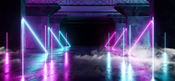 istock Smoke Virtual Path Sci Fi Neon Glowing Fluorescent Laser Alienship Stage Dance Lights Ultraviolet Purple Blue Pink In Dark Empty Grunge Concrete Neon Reflective Tunnel Hall Corridor 3D Rendering 1142464059