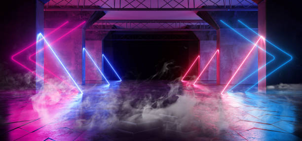 istock Smoke Virtual Path Sci Fi Neon Glowing Fluorescent Laser Alienship Stage Dance Lights Ultraviolet Purple Blue Pink In Dark Empty Grunge Concrete Neon Reflective Tunnel Hall Corridor 3D Rendering 1142464136