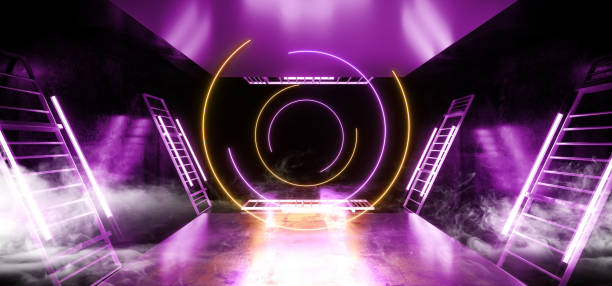 istock Smoke Stage Construction Virtual Dance Circles Neon Laser Ultraviolet Purple Yellow Orange Fluorescent Sci Fi Futuristic Retro Light Tubes Scene  Grunge Concrete Reflective Podium Corridor 3D Rendering 1142464292