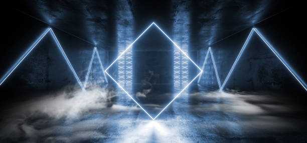 istock Smoke Sci Fi Futuristic Neon Led Laser Glowing Modern Elegant Empty Dark Vibrant Blue Glowing Stage Podium Lights On Reflective Grunge Concrete Tunnel Corridor Club Room 3D Rendering 1142465353