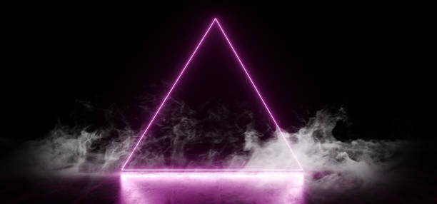istock Smoke Elegant Triangle Shaped Neon Fluorescent Retro Laser Led Show Stage Vibrant Purple Glowing Lights In Underground Hall Grunge Concrete Glossy Cement Garage Tunnel 3D Rendering 1142465421