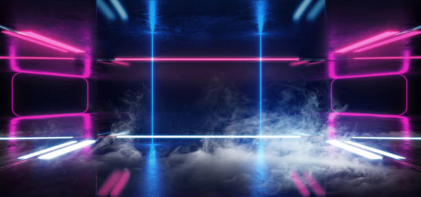 istock Smoke Construction Hall Grunge Glossy Concrete Futuristic Sci-FI Empty Dark Reflective Modern Stage Room With Blue And Purple Glowing Neon Lights Background Virtual Path Background 3D Rendering 1142465477