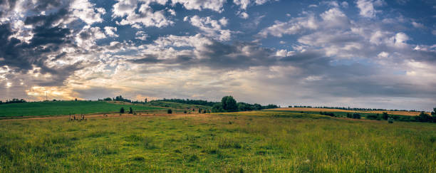 Scenic countryside view showcasing verdant green fields under a vibrant evening sky filled with clouds. A pathway, trees, and distant hills enhance the tranquil natural setting.