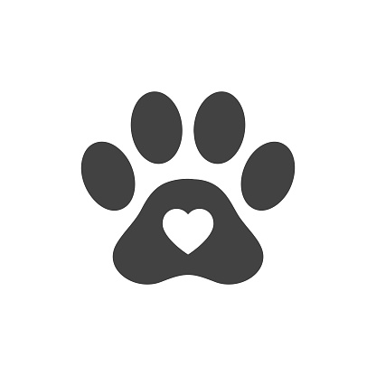 Heart shape or love symbol in animal paw print for pet care icon concept vector illustration.