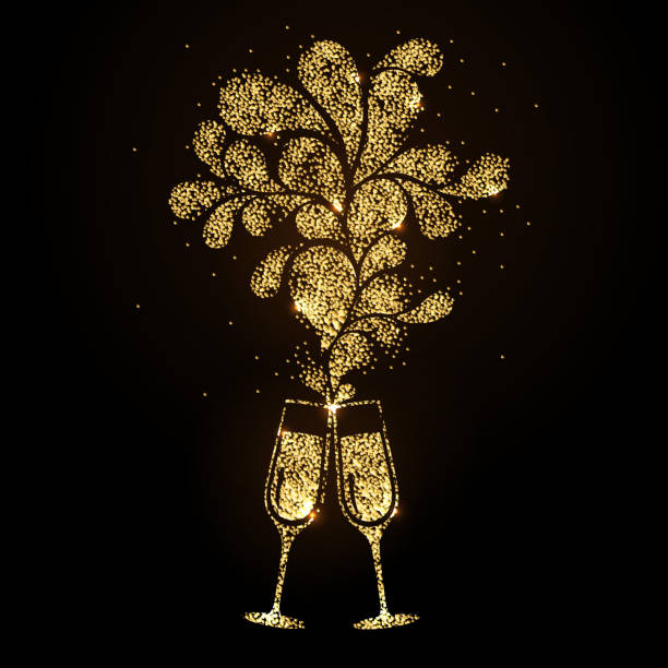 シャンパングラスベクターアイコン。黒の背景に黄金の輝きシャンパングラス - champagne celebration glass black点のイラスト素材／クリップアート素材／マンガ素材／アイコン素材