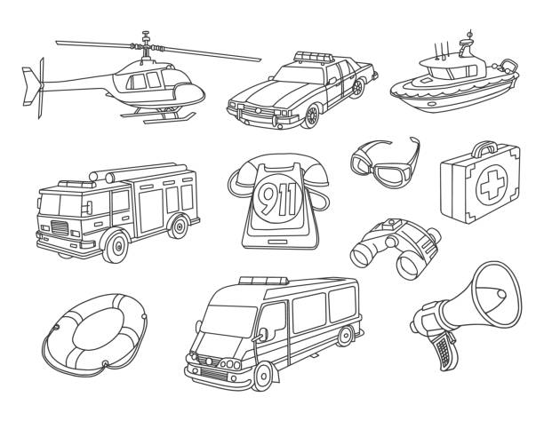 ilustraciones, imágenes clip art, dibujos animados e iconos de stock de emergency 911 doodles set - marine safety equipment audio