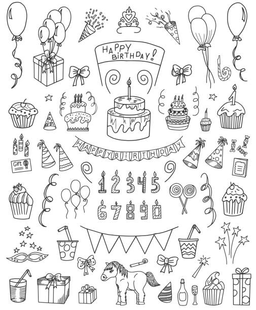 ilustraciones, imágenes clip art, dibujos animados e iconos de stock de cumpleaños doodle set - fiesta ilustraciones