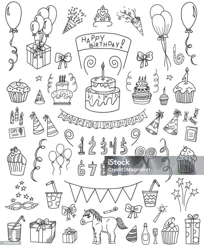 Birthday Doodle Set Birthday vector doodle set. All objects are grouped easy to edit. Birthday stock vector