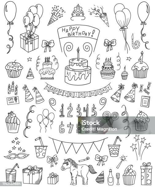 Birthday Doodle Set Stock Illustration - Download Image Now - Birthday, Party - Social Event, Drawing - Art Product