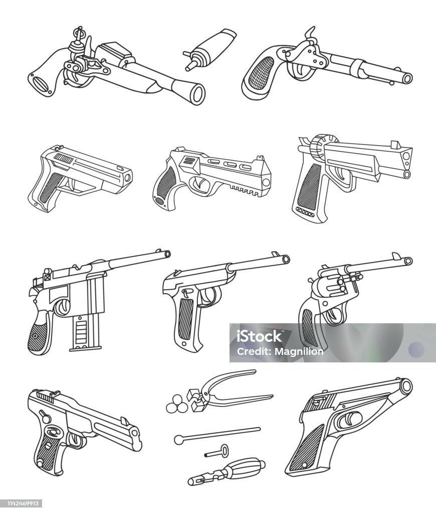 Pistols Doodle Set Guns vector doodle set. All objects are grouped easy to edit. Design stock vector