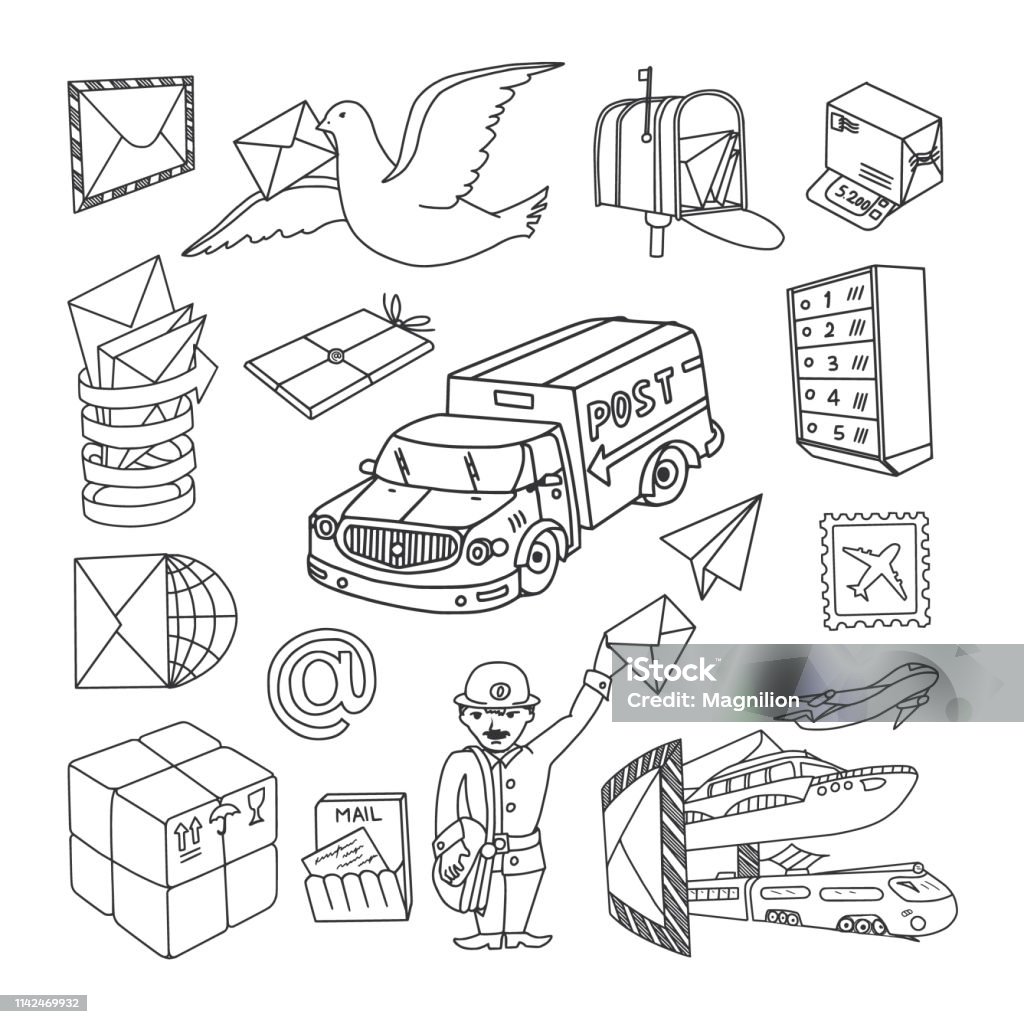 Postal Doodles Set Postal vector doodles set. All objects are grouped easy to edit. Delivering stock vector