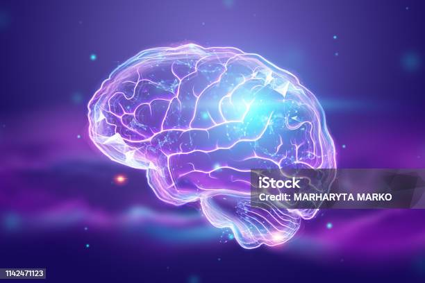 The Image Of The Human Brain A Hologram A Dark Background The Concept Of Artificial Intelligence Neural Networks Robotization Machine Learning 3d Illustration Copy Space Stock Photo - Download Image Now