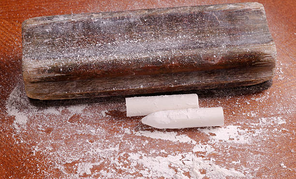 istock Old blackboard duster and chalk with chalk dust 114247276