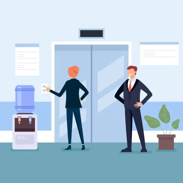 Vector illustration of Business people man and woman character waiting elevator in business center hall company. Business life concept. Vector flat cartoon graphic design illustration