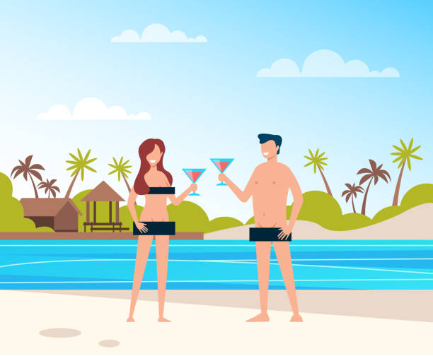 два счастливых улыбающихся человека мужчина и женщина пара персонажей нудистских загорать и отдыхать на пляже. летнее время и открытость к - sunbathing shirtless tan female stock illustrations