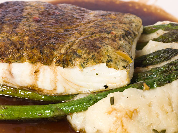 Crab Crusted fillet of Halibut  merluza stock pictures, royalty-free photos & images