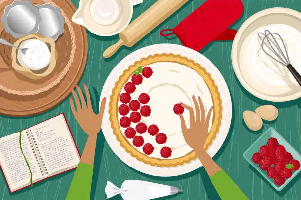 Vector illustration of Making a raspberry tart