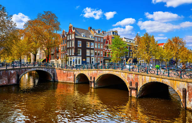 istock Bridge over channel in Amsterdam Netherlands houses river Amstel 1142479906
