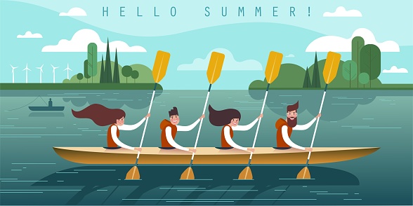 Teamwork. Vector illustration of four young rowers.