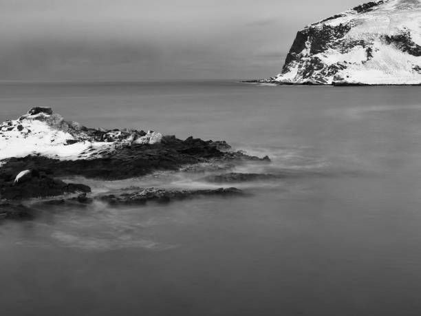 istock long exposure on frozen coastline, mist effect, black and white - 2 1142481389
