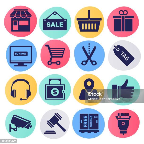 Retail Shop Public Auction Liquid Style Vector Icon Set Stock Illustration - Download Image Now