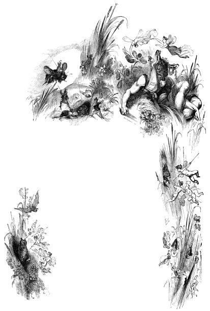 A Midsummer Night’s Dream - Works of William Shakespeare Frame composition of scenes of A Midsummer Night’s Dream from the Works of William Shakespeare. Vintage etching circa mid 19th century. bottom the weaver stock illustrations