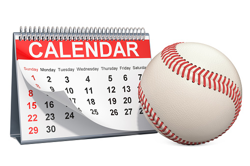 Baseball ball with calendar, baseball events calendar concept. 3D rendering isolated on white background