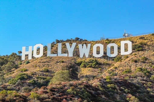 USA. Los Angeles, California. 09-11-2012. HOLLYWOOD sign on blue sky background. World famous landmark.