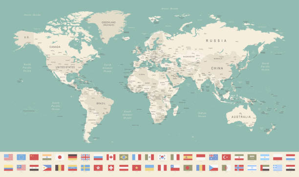 illustrations, cliparts, dessins animés et icônes de 079-vintage bleu mono et drapeaux - australia new zealand globe world map