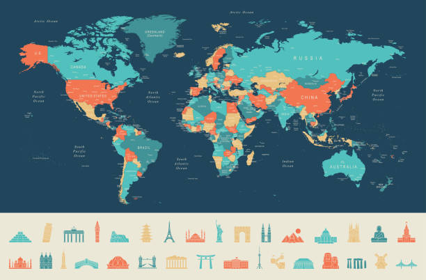 dünya haritası ve seyahat simgeleri - ülke coğrafi bölge illüstrasyonlar stock illustrations
