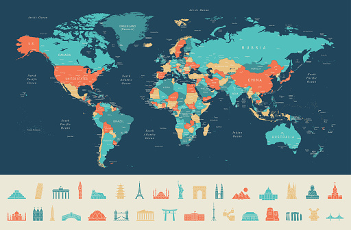 High Detailed World Map and Travel Icons - borders, countries and cities - vector illustration