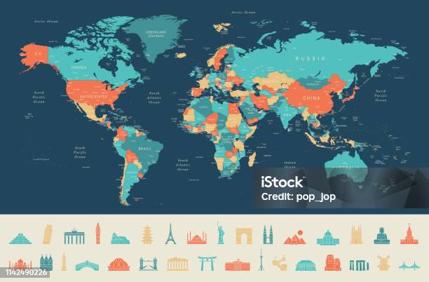 World Map And Travel Icons Stock Illustration - Download Image Now - World Map, Map, Country - Geographic Area