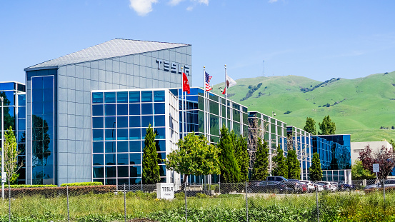 April 12, 2019 Fremont / CA / USA - Exterior view of Tesla SolarCity offices and production facility in East San Francisco bay area, Silicon Valley