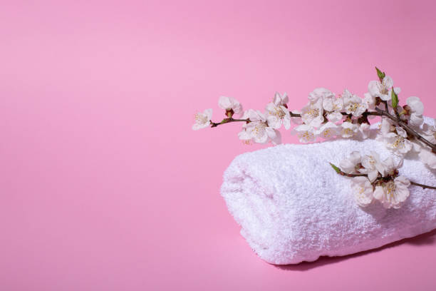 istock Beautiful spa composition with spring cherry blossom flowers and white towel on pink background. Natural beauty product concept 1142490863