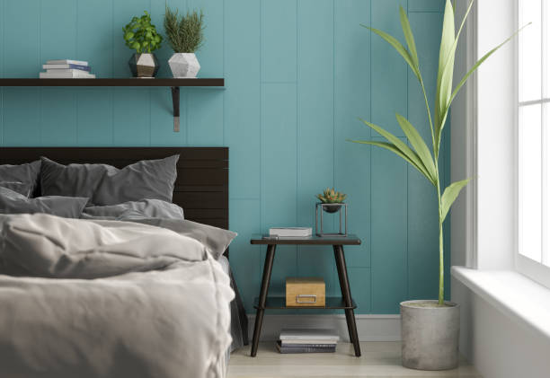 istock Interior light bedroom. Scandinavian style. 3D rendering 1142491316