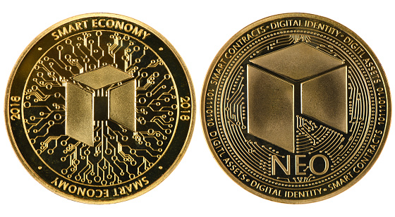 Vinnitsa, Ukraine – April 12, 2019:  Golden neo isolated on white background. Front and back sides are shown. High resolution photo. With two clipping path. Full depth of field.