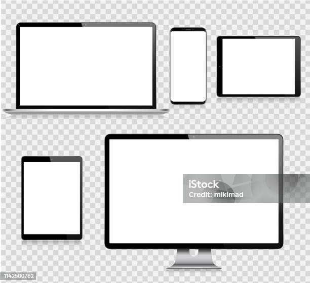 Vetores de Tabuleta Realística De Digitas Do Vetor Telefone Móvel Telefone Esperto Portátil E Monitor Do Computador Dispositivos Digitais Modernos e mais imagens de Monitor de computador