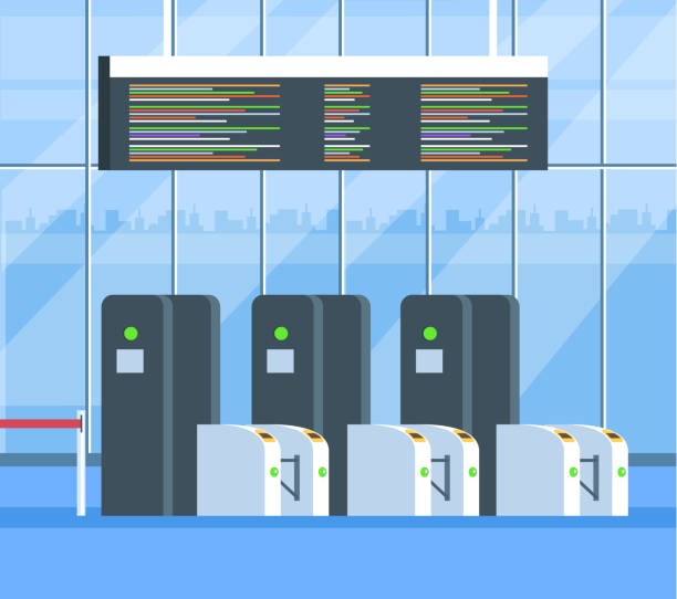 ilustrações de stock, clip art, desenhos animados e ícones de check in scanner registration scanner airport railway station. travel transportation concept. vector flat cartoon graphic design illustration - airport arrival departure board airport check in counter airplane