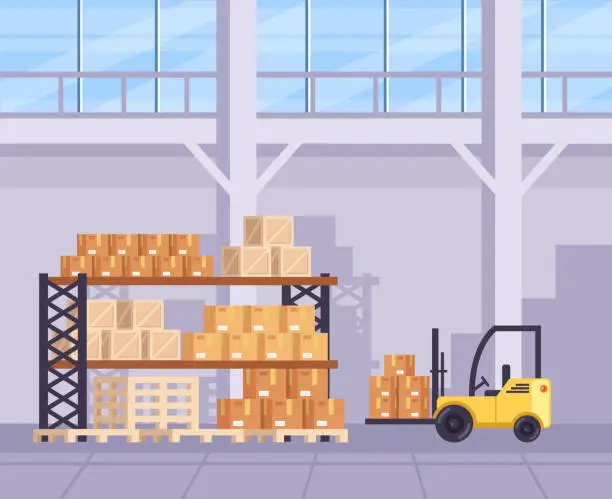 Vector illustration of Big warehouse stock room with lot of boxes. Delivery logistic shipment concept. Vector flat cartoon graphic design illustration