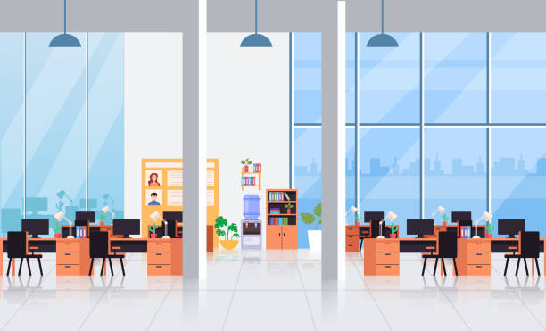 Big empty office interior workplace workspace concept. Vector flat cartoon graphic design illustration Big empty office interior workplace workspace concept. Vector flat cartoon graphic design corporate office cubicle stock illustrations