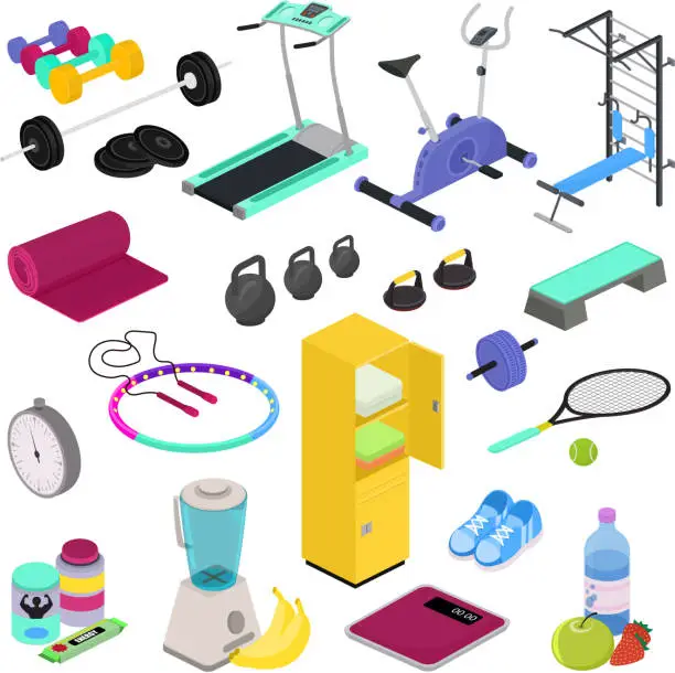 Vector illustration of Fitness equipment vector gym club workout training with dumpbell