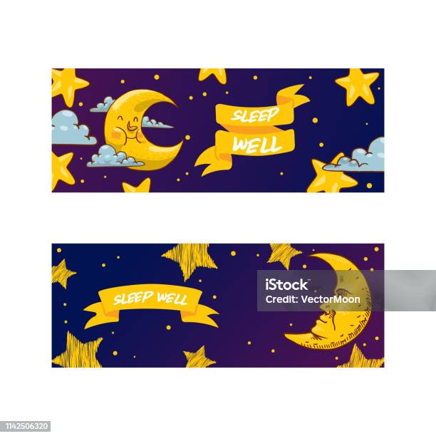 Cartoon Moon Vector Moonlight Star Character In Night Sky Illustration Background Childish Yellow Moony Cloud Set Backdrop Moonlit Bedtime Banner Stock Illustration - Download Image Now